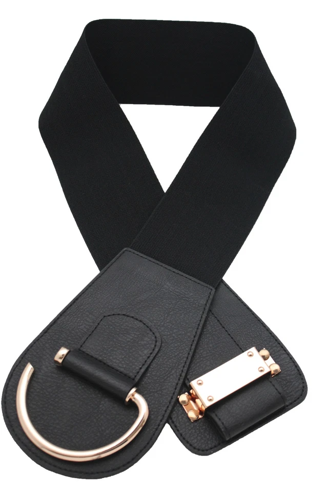 Nuevo Mujeres Dorado Metal Gancho Hebilla Elástico Tela Negra Lindo Cinturón Talla Grande XL XXL Foto 4 de 4
