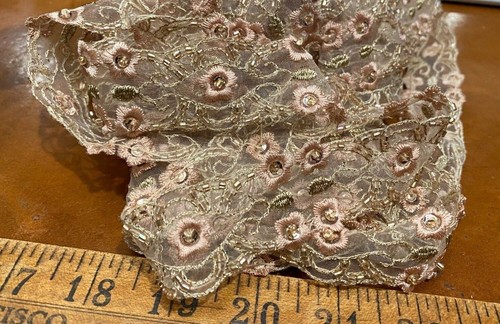 embroidered appliques trim beads flowers 1.25" organza sequins 1yd scalloped - Picture 20 of 20