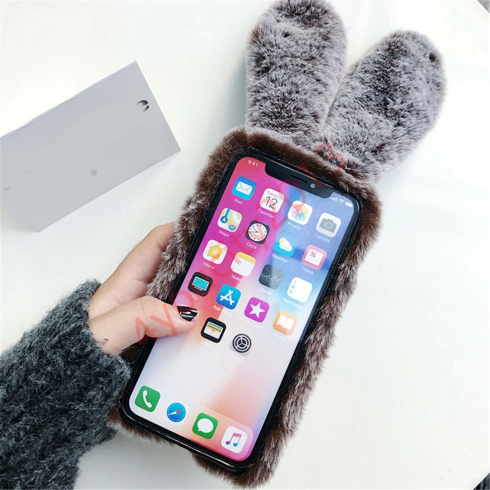 Capa telefone macia pele de coelho fofa pelúcia diamante brilho diamante Bling - Imagem 4 de 4