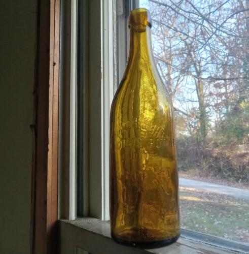 BEAUTIFUL YELLOW E.BECKER BOTTLED BEER LANCASTER,O 1880s APPLIED BLOB TOP BOTTLE - Picture 6 of 10