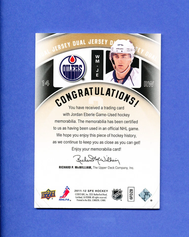2011 SPX HOCKEY JORDAN EBERLE WINNING MATERIALS dual jersey FREE SHIPPING - Image 2 of 2