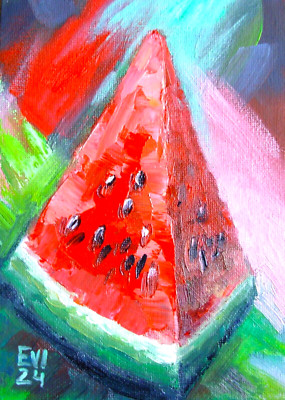 Wassermelone Stillleben Original Ölgemälde Küche Wandbild Leinwand Tafel 5x7 Zoll
