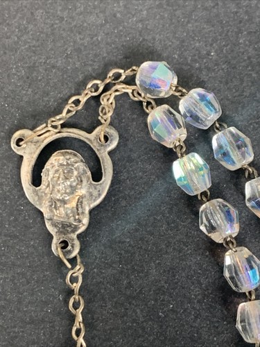Vintage Crystal Rosary Aurora Borealis Beads Jesus Center Dainty Catholic - Picture 3 of 9