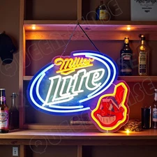 16"x13" Cleveland Indians Miller Lite Beer LED Neon Sign With Dimmer USB Powered