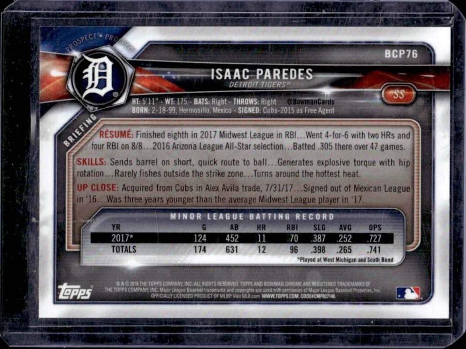 2018 Bowman Isaac Paredes Chrome 1st Prospect Gold Refractor #26/50 Tigers - Image 2 of 2