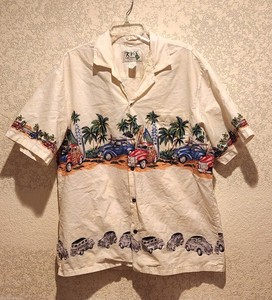 Hawaiian Vintage KY'S Cotton Shirt. XL Cream Color  With Surfboards And Cars