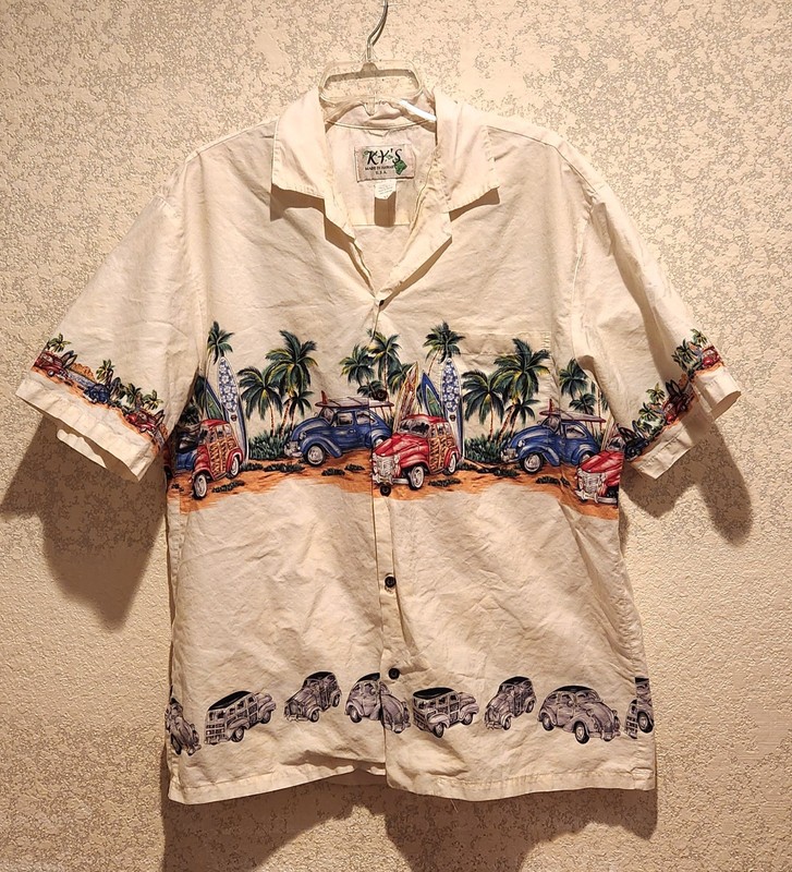 Hawaiian Vintage KY'S Cotton Shirt. XL Cream Color  With Surfboards And Cars