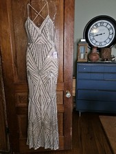 NWT WINDSOR Champagne & Silver Mesh Open-Back Sequin Gown Maxi Prom Dress S