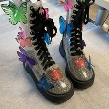 Dolls Kill Club Exx 3D Clear Glitter Terrarium Butterfly Boots, Size 6