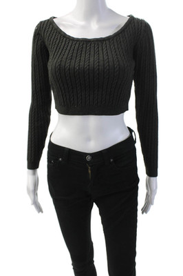 Heartloom Womens Cable Knit Scoop Neck Long Sleeve Crop Sweater Top Black Sz XS