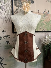 Womens Brown Cream Steampunk Brocade Lace Up Corset Bustier Top Size L