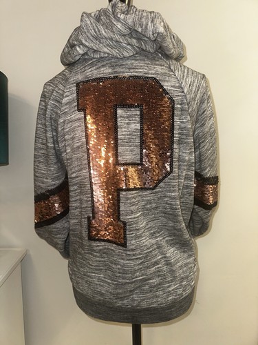 VICTORIA'S SECRET PINK MARL GRAY SEQUINS BLING PERFECT HOODIE SWEATSHIRT L - Picture 15 of 15