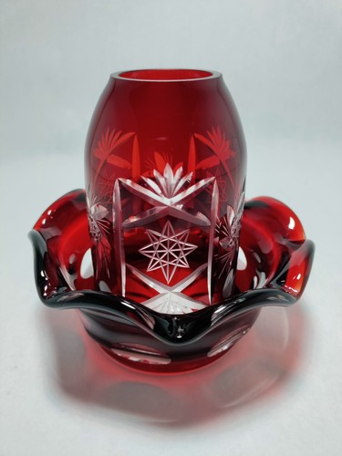 Vintage Bohemian Ruby Red Cut To Clear Glass Fairy Lamp 5" Czech Republic Light