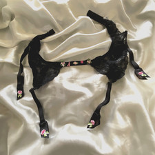 Victoria s Secret Black Lace Pink Satin Rose Nylon Stockings Garter Belt Sz. S