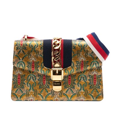 Gucci Small Canvas Brocade Sylvie Satchel Pre-Loved Gold