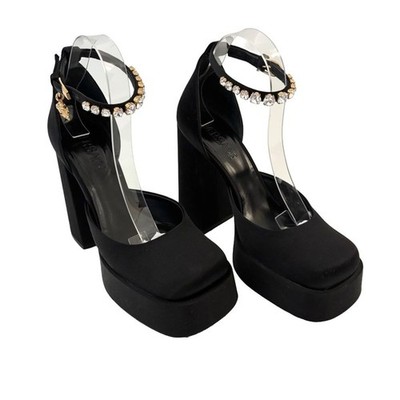 Versace Medusa Aevitas Black Satin Pumps Platform Crystal Heel EU 39.5 US 9.5