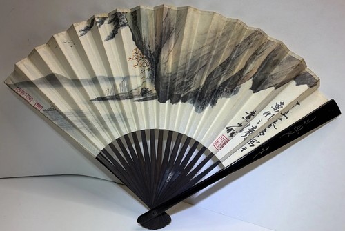 Folding Fan VTG Handmade Chinese Two Sided Landscape Painting and Calligraphy