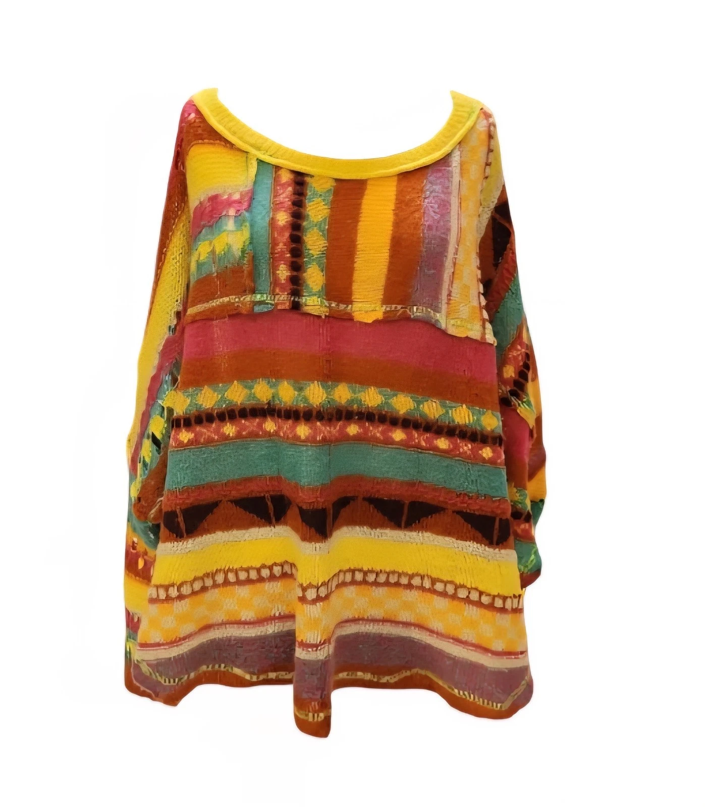 Free People "December Skies" Loose Knit Poncho Sweater Raw Trims Multi-color...