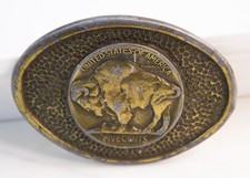 Vtg Brass Buffalo Nickel Bison Hammered Oval Belt Buckle Five Cents Western 70s