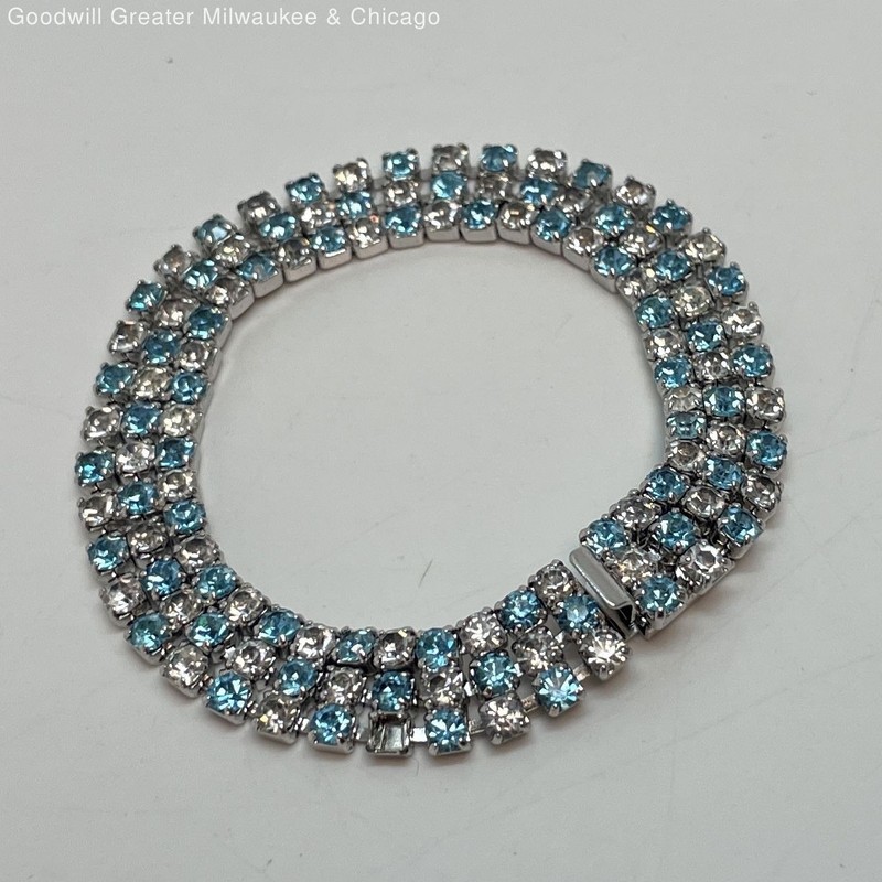 Silver Tone Icy White & Blue Rhinestone Bracelet, 13.7g