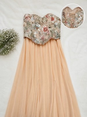 Oh Polly Damen Abendkleid lang S beige Blumen Tüll Pailletten Corsage