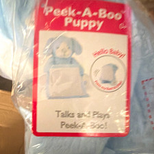 Peek-A-Boo Puppy Blue White Plush Baby Toy Talks, Plays Peek-A-Boo 6-12M