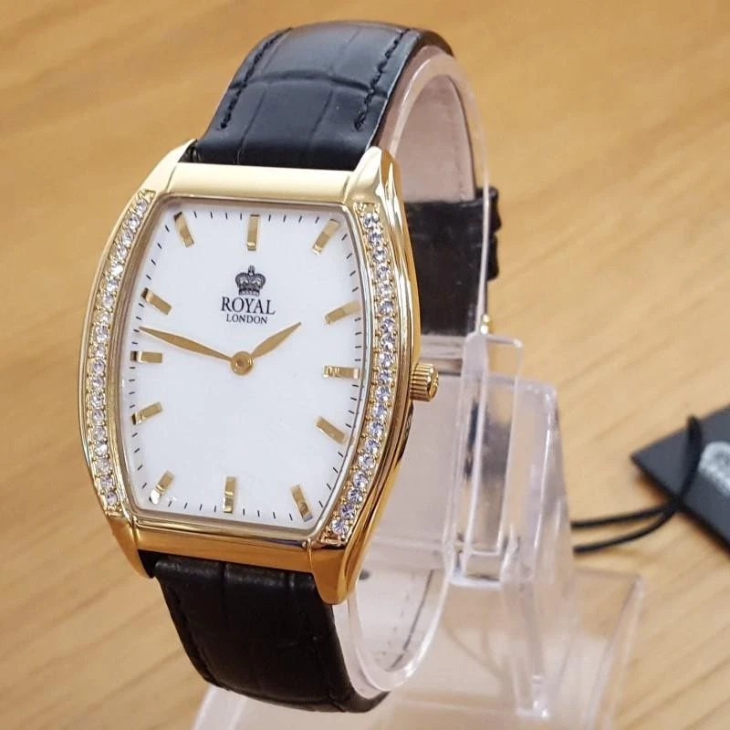 Mens NEW Embellished Slim Gold Tonneau Royal London Gents Leather Dress Watch - image 3 of 4