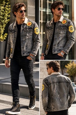 BALMAIN PARIS Men s Distressed Paint Splatter Denim Jacket | 2015