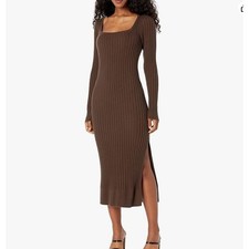 Paige Women's Brown Ribbed Knit Long Sleeve Midi Dress Square Neck Elegant