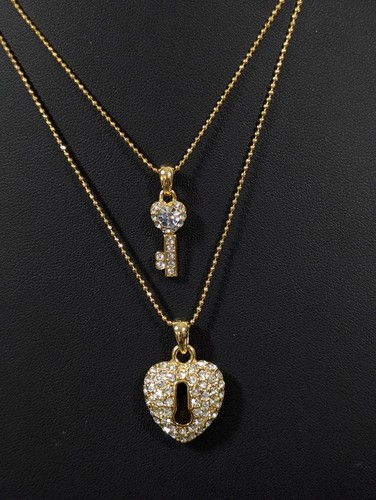 Crystal Pave Puffy Heart Lock Key Layered Gold Tone Necklace Y2K Retro 16"
