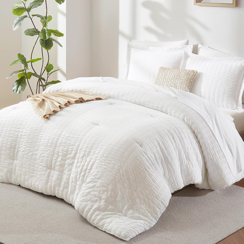 Queen Comforter Set White Seersucker 7 Pieces Bed in a Bag Queen Comforter Set w - Picture 11 of 12