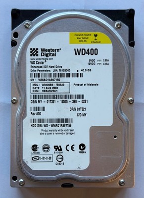 Western Digital WD Caviar 40GB IDE Molex HDD WD400BB-75DEA0 Tested