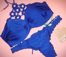 Luli Fama L high-neck BIKINI M,S thong Florcitas De Arena Crochet Electric Blue