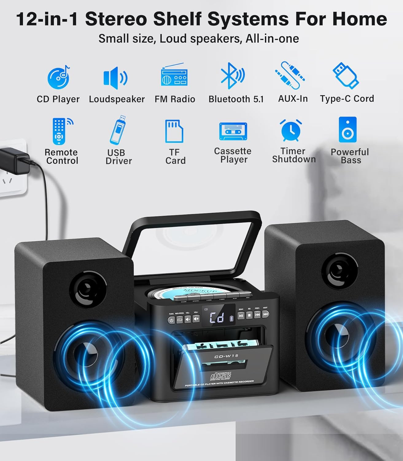 Powerful Home Stereo System with Bluetooth, CD, Cassette & Remote Control
