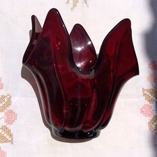 VTG DUNCAN MILLER CANTERBURY RUBY RED GLASS FLOWER ARRANGER VASE HANDKERCHIEF