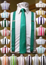Matching skinny tie and suspenders set men's clip-on x back longer necktie prom