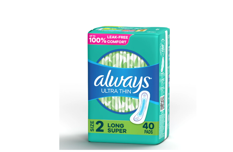 Always Ultra Thin Pads Without Wings, Size 2, Long Super Absorbency, 40 CT