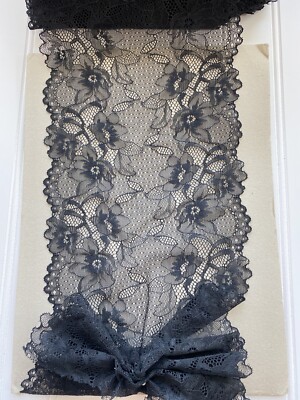 Stretch Black Floral Double-edged Lace Trim /Sewing/Crafts/Lingerie/7.25'' Wide