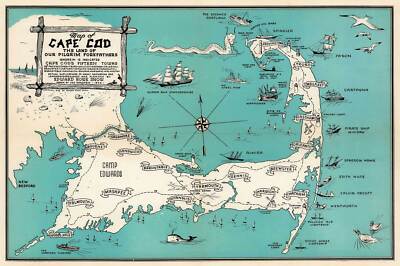 Map of Cape Cod - Towns of Provincetown, Shipwrecks, Pirate Ship Wall Art Poster