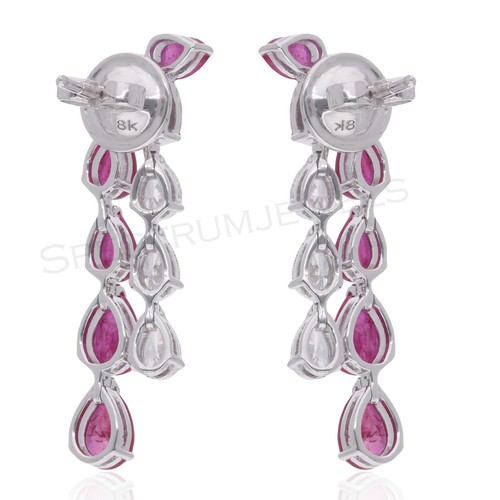 5.39 TCW Natural Pink Ruby H/SI Pear Diamond Dangle Earrings 18k White Gold Gift - Picture 4 of 11