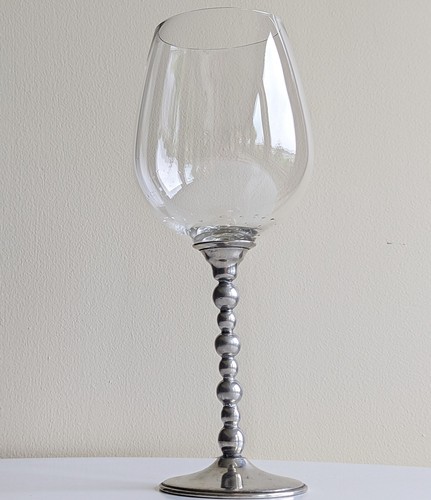 CRYSTAL HAND BLOWN WINE GLASS GOBLET WITH 95 PEWTER BEADED STEM, 9 ¾” HEIGHT - Picture 9 of 10