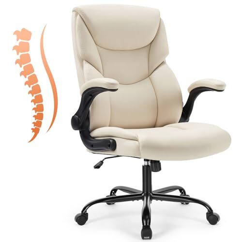 Computer Gaming Chair, Ergonomic Office Chair High Back Cream Flip Armrests-image