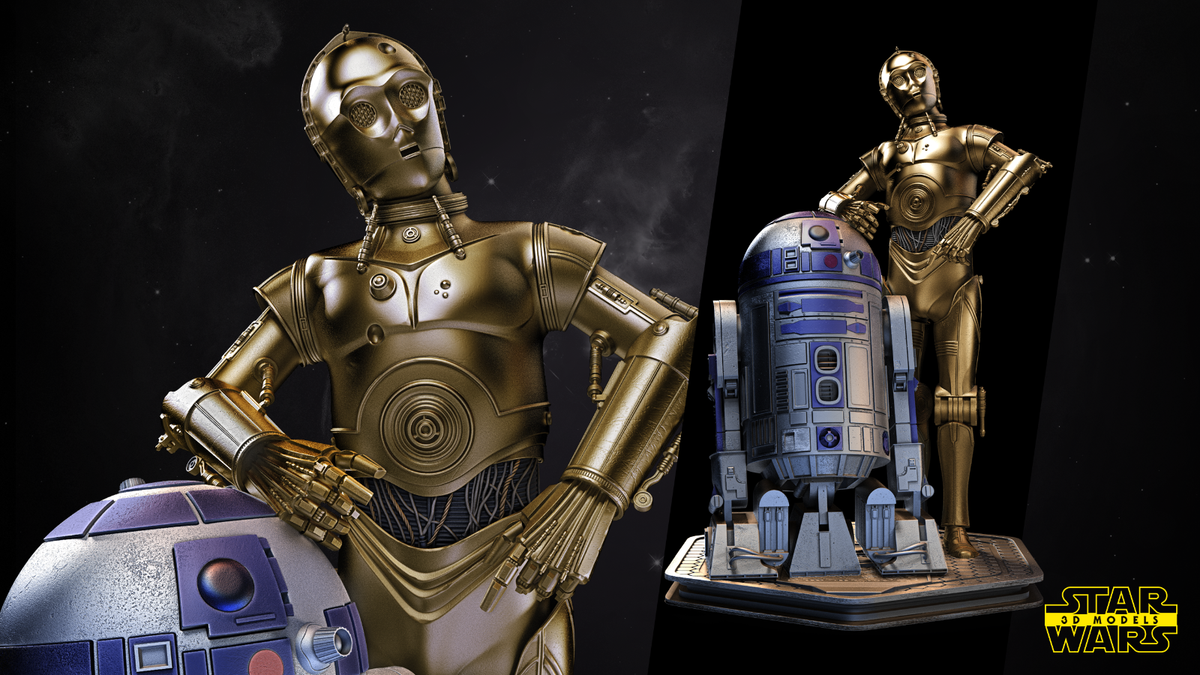 R2-D2 and C-3PO Statue Diorama Star Wars 3D Droids Resin Model Kit 