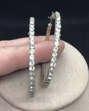 Vintage Silver Tone Costume Large Clear Rhinestone Hoop Earrings 2" B206