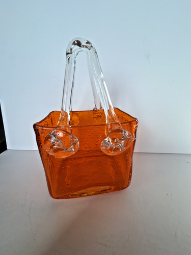 MURANO ITALIAN ART GLASS 7" Tangerine PURSE WITH CLEAR HANDLES Statue Orange - Picture 3 of 6