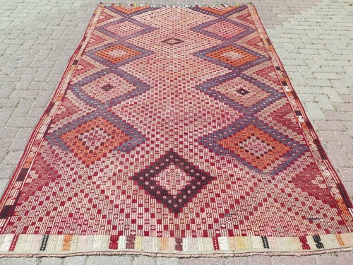 Embroidery Rug, Handmade Wool Kilim, Large Floor Carpet, Turkish Kelim 70"X115"