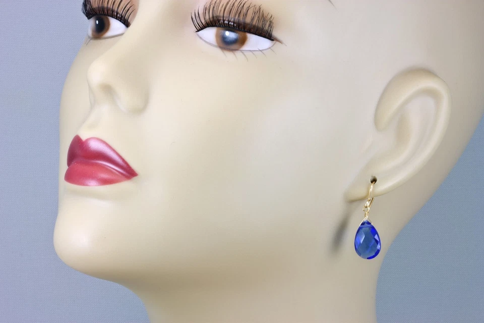 Pendientes de zafiro simulado azul oro 14k pera plata de ley lágrimas gotas Foto 2 de 4