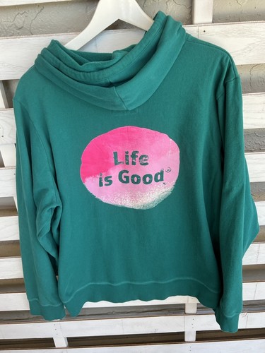Life is Good Women’s Hoodie Sweater Logo Green Blue Relaxed Fit Size XL