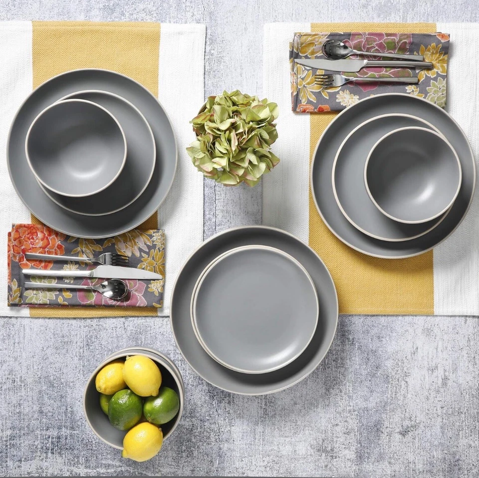 Gibson Home Rockaway 12-Piece Dinnerware Set Service for 4, Grey Matte - Image 4 of 4