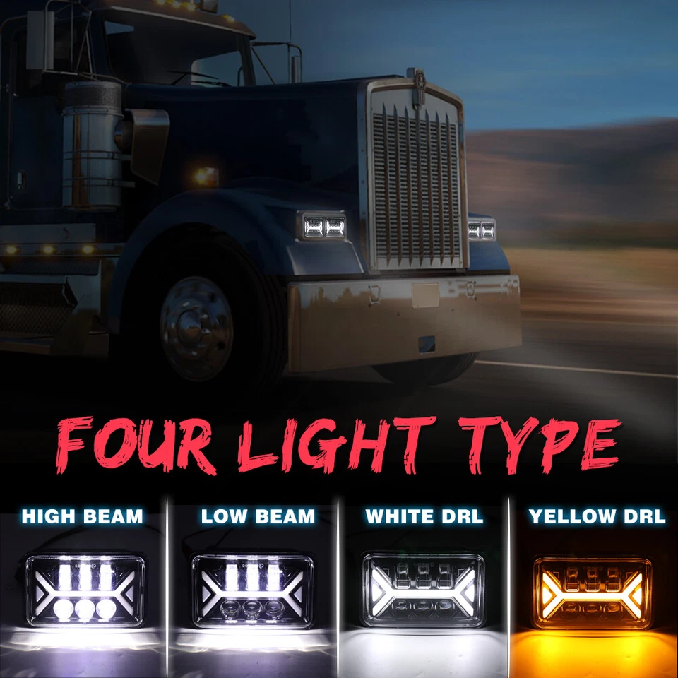 4PCS 4x6" LED Headlights Hi/Lo DRL For Kenworth W900 T400/800 Peterbilt 357 379 - Image 3 of 4